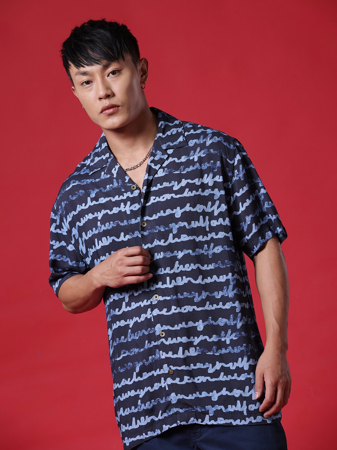 

WROGN Printed Spread Collar Casual Shirt, Navy blue