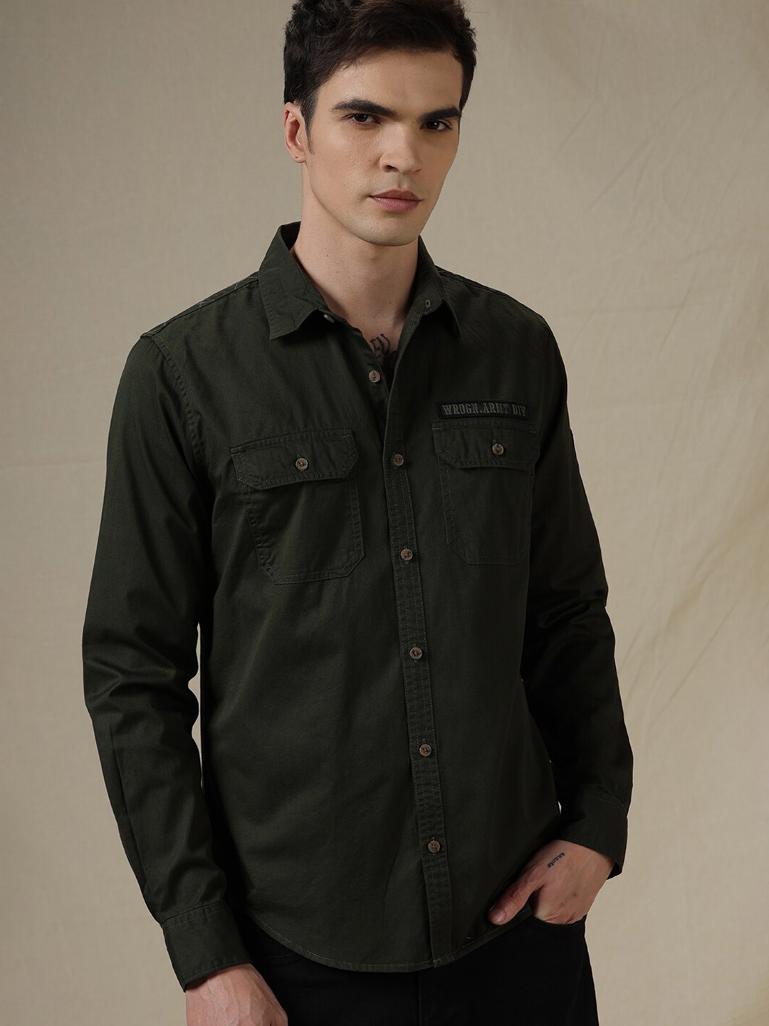 

WROGN Slim Fit Opaque Acrylic Casual Shirt, Olive