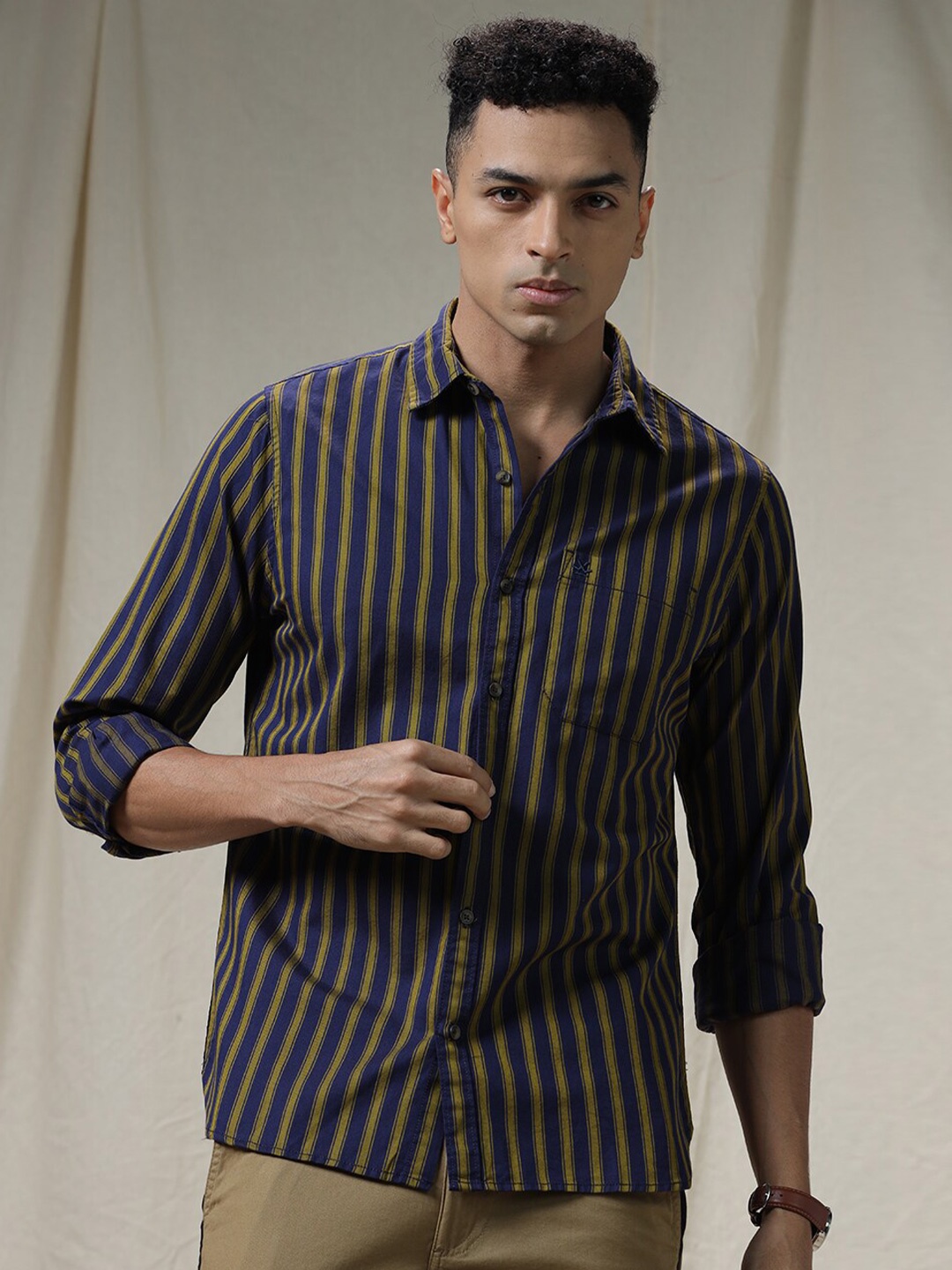 

WROGN Slim Fit Vertical Stripes Opaque Acrylic Casual Shirt, Navy blue