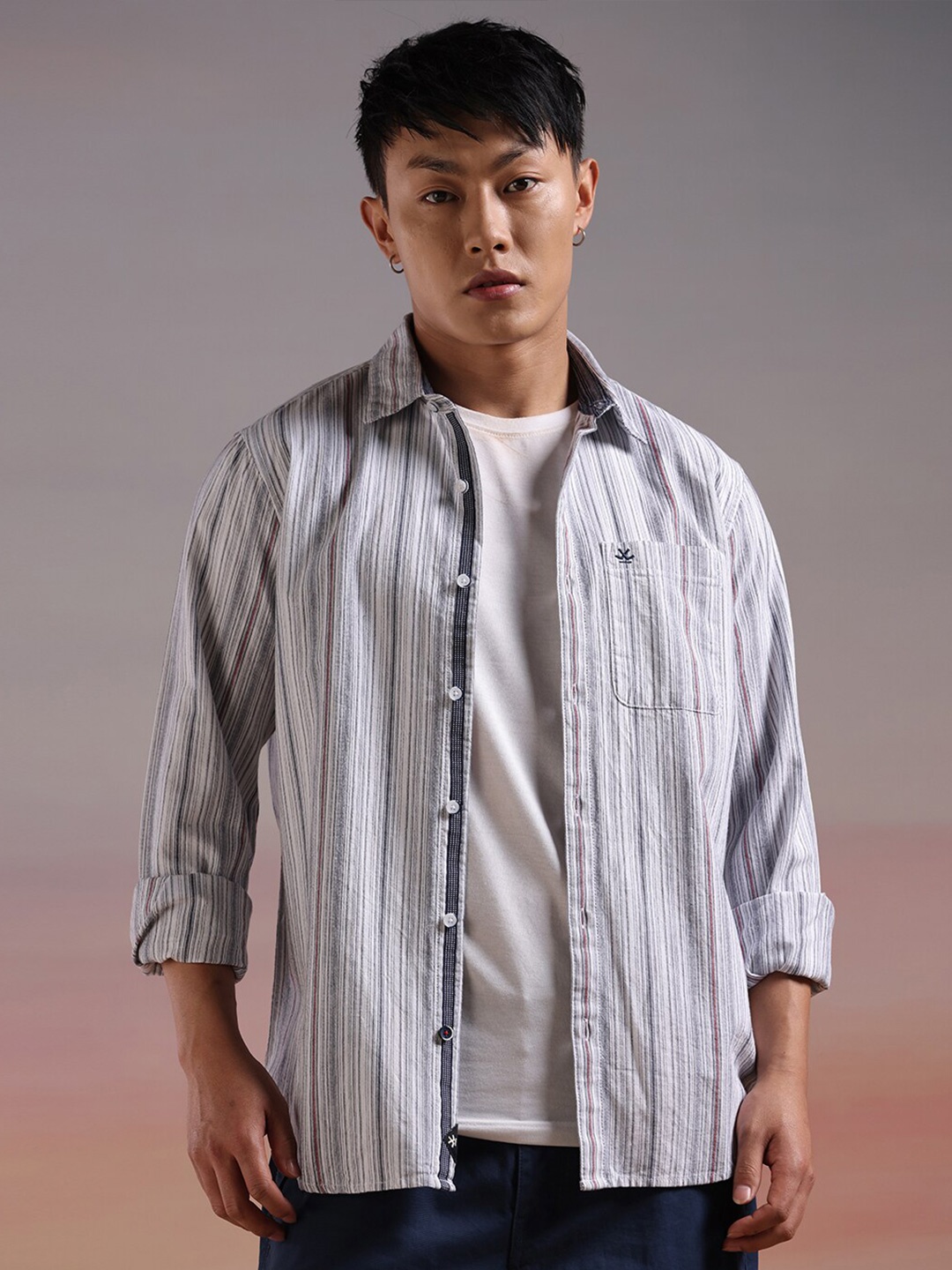 

WROGN Striped Spread Collar Long Sleeves Slim Fit Casual Shacket, White