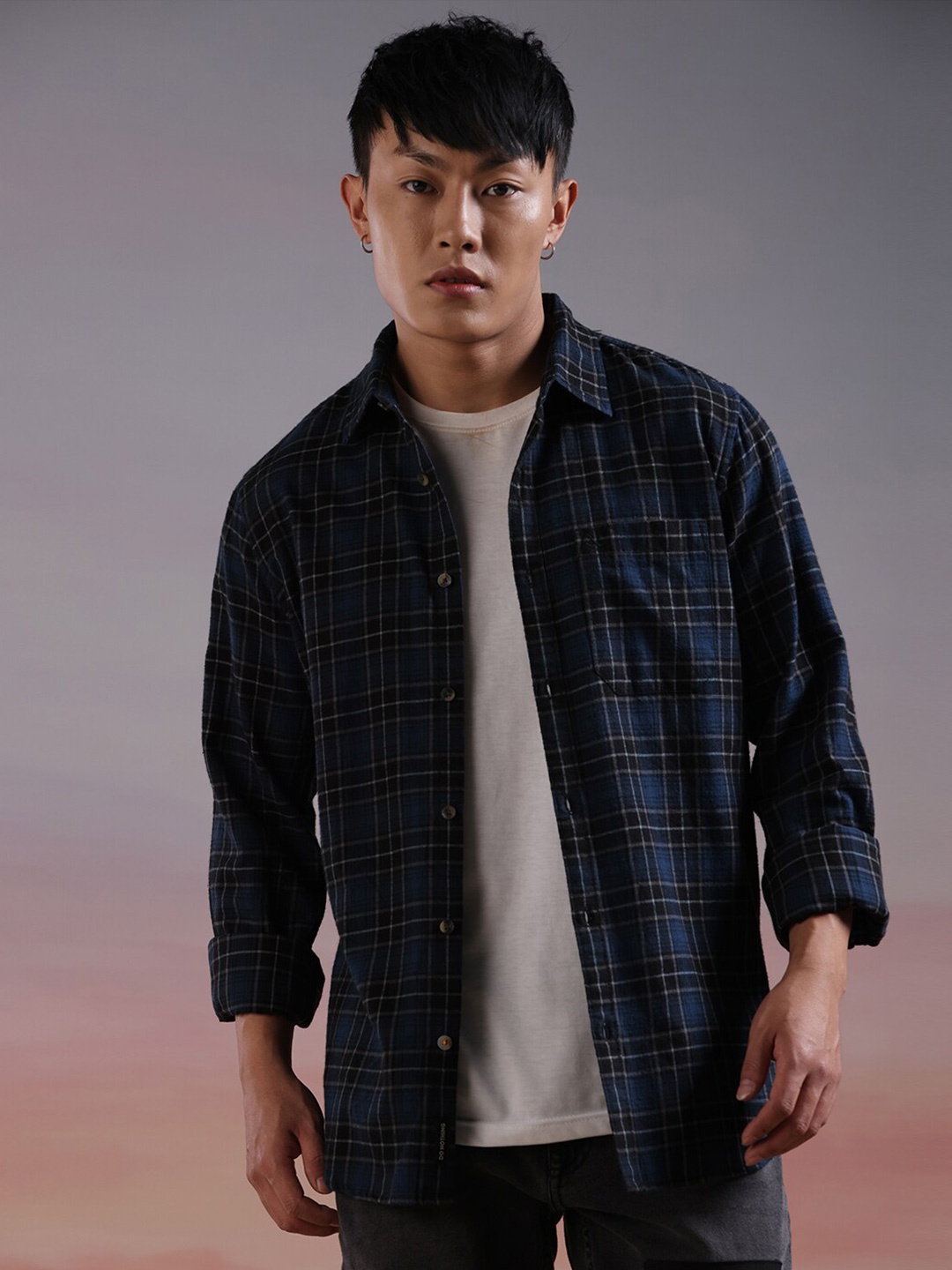 

WROGN Spread Collar Long Sleeves Slim Fit Tartan Checked Casual Shacket, Navy blue