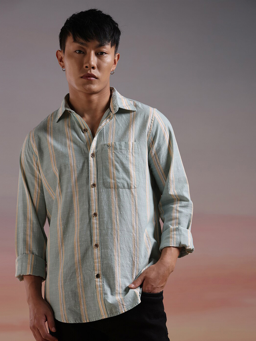 

WROGN Striped Spread Collar Long Sleeves Slim Fit Casual Shirt, Green