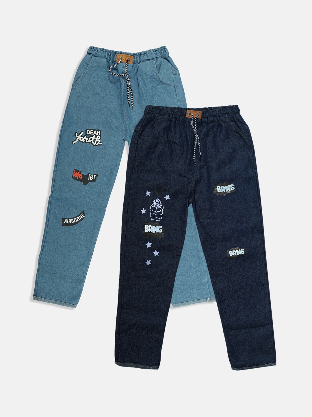 

BAESD Girls Pack Of 2 Narrow Jogger Printed Clean Look Cotton Jeans, Blue