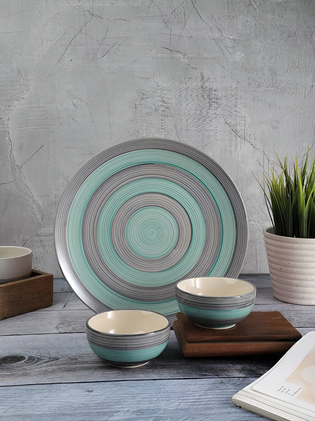 The Decor Lane Green & Grey 3 Pieces Ceramic Dinner Set