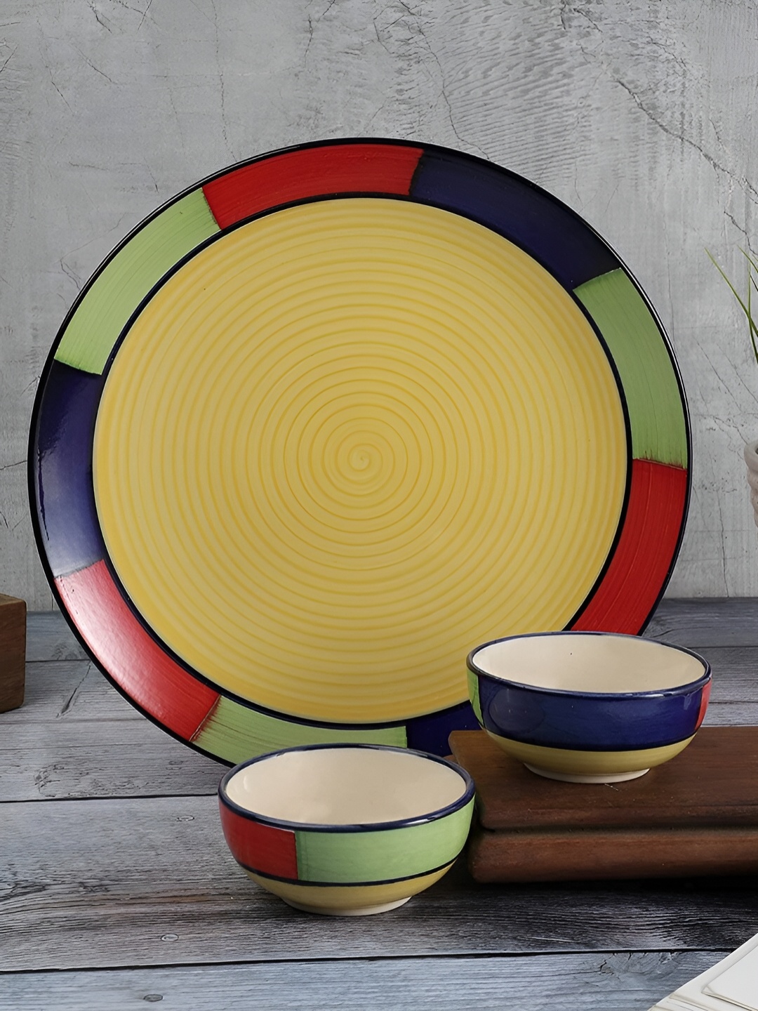 

The Decor Lane Yellow 3 Pieces Ceramic Quarter Plate And Bowl Set