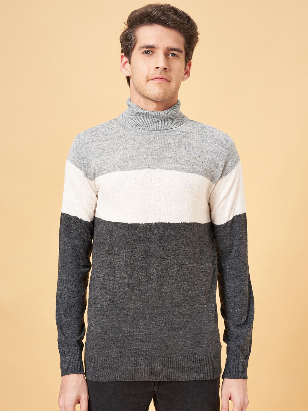 

YU by Pantaloons Colourblocked Turtle Neck Long Sleeves Ribbed Pullover, Grey