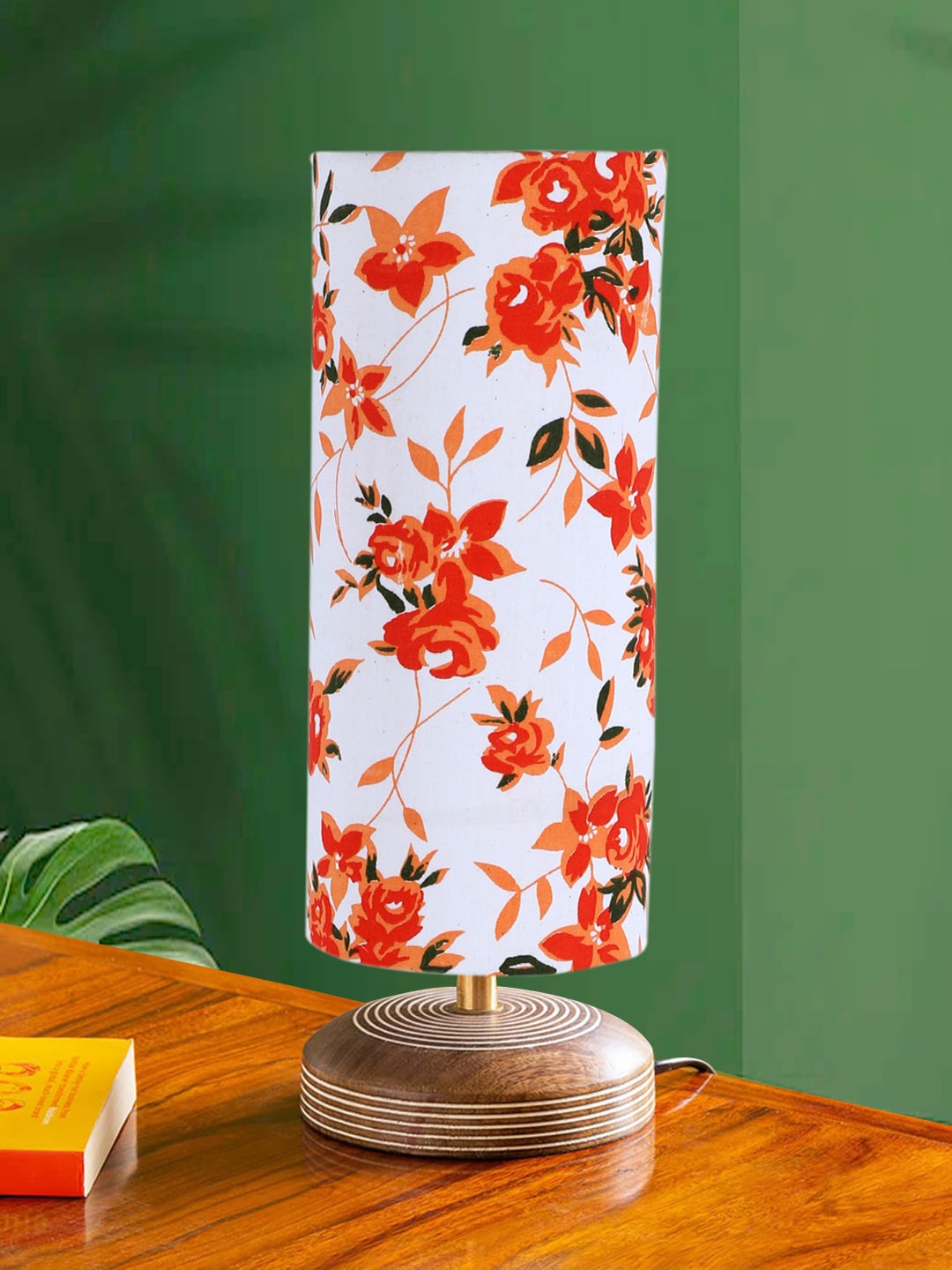 

Devansh White & Orange Cylinder Printed Contemporary Wooden Table Lamp