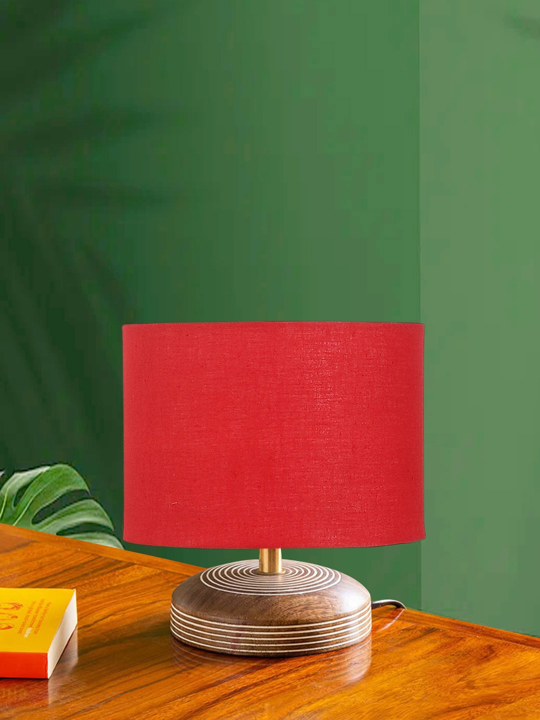 

Devansh Red & Brown Cylinder Shaped Traditional Cotton Shade Table Lamp