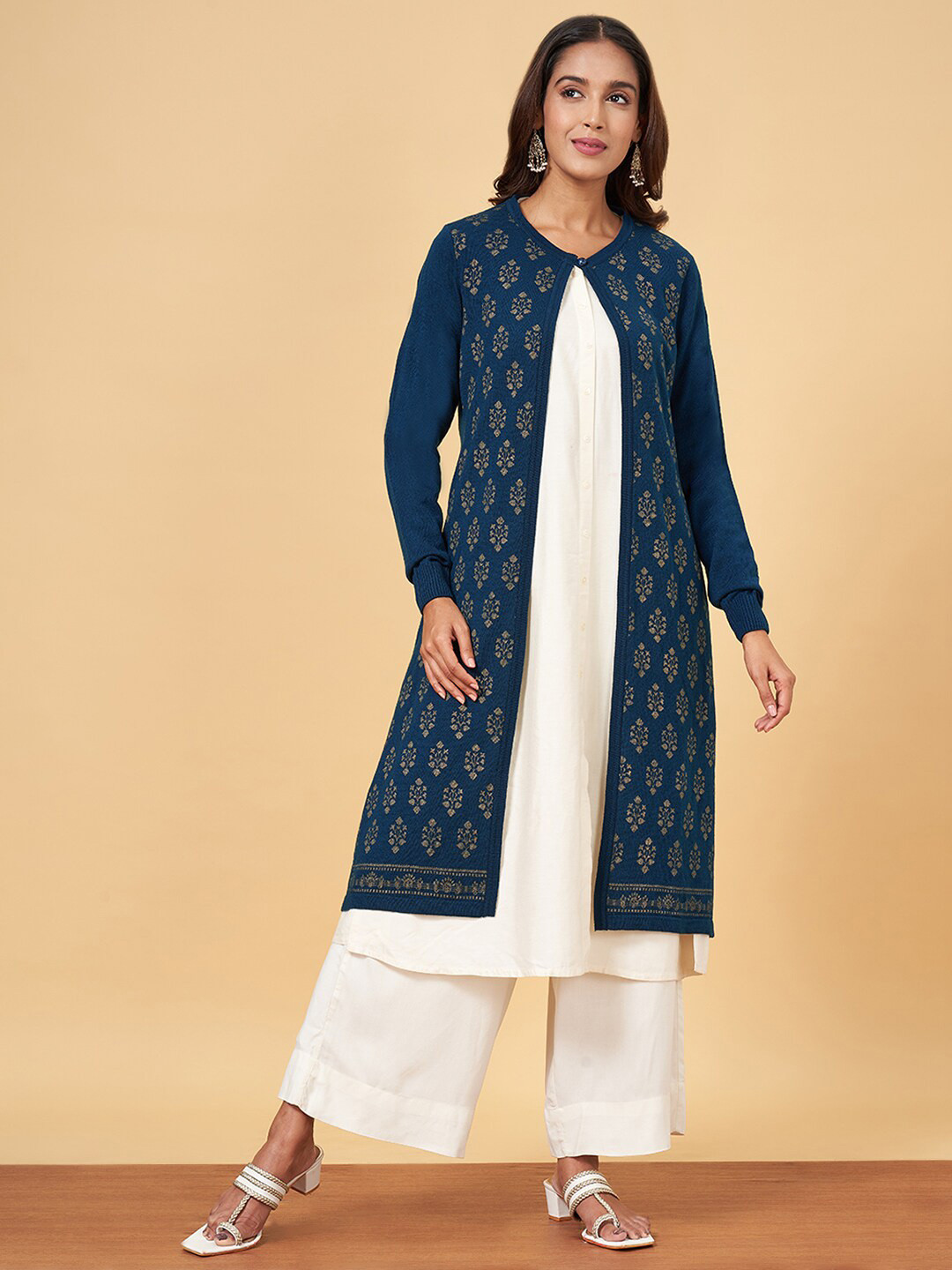 

YU by Pantaloons Floral Printed Round Neck Longline Sweaters, Navy blue