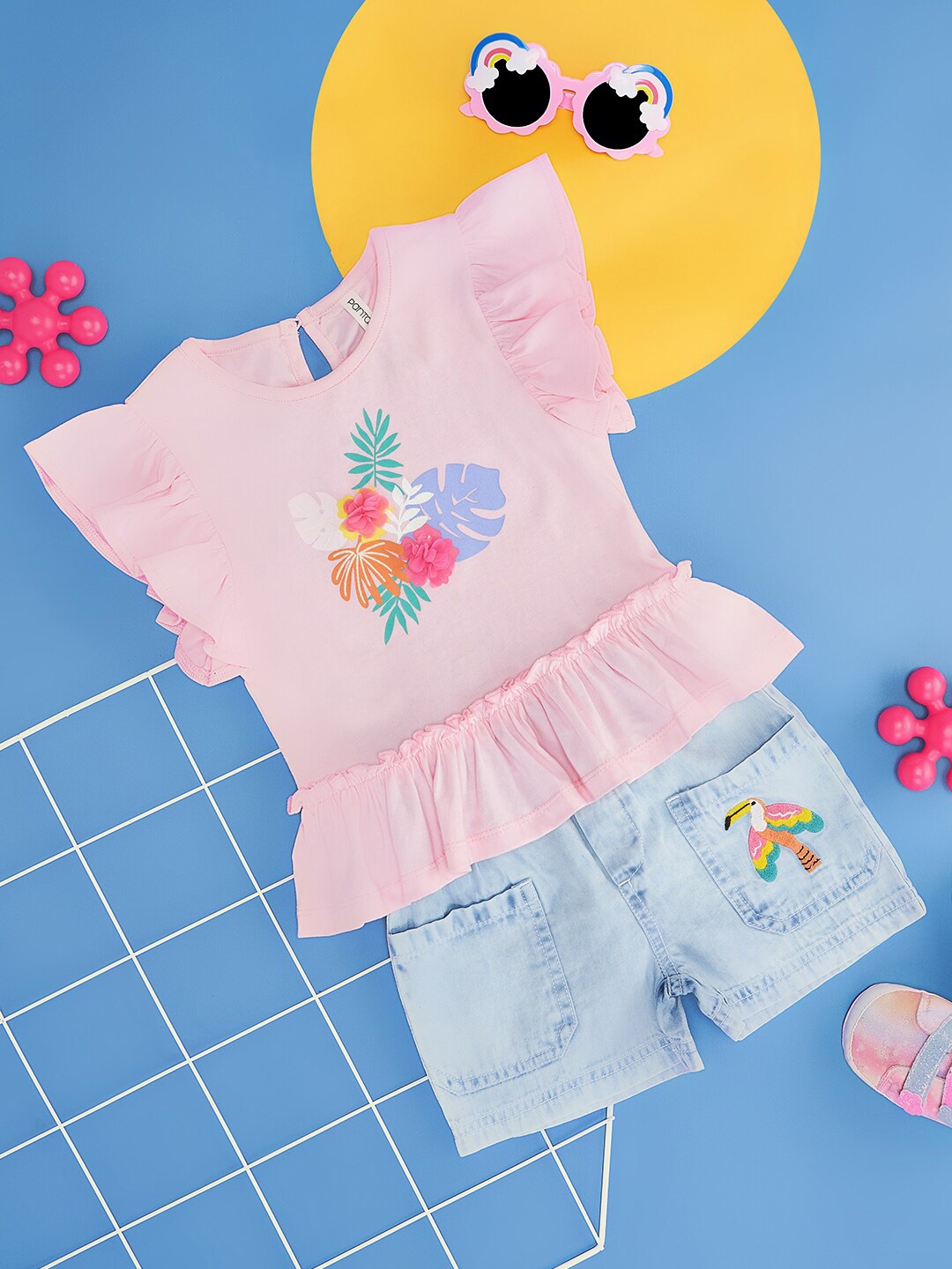 

Pantaloons Baby Girls Floral Printed Pure Cotton Top With Shorts, Pink