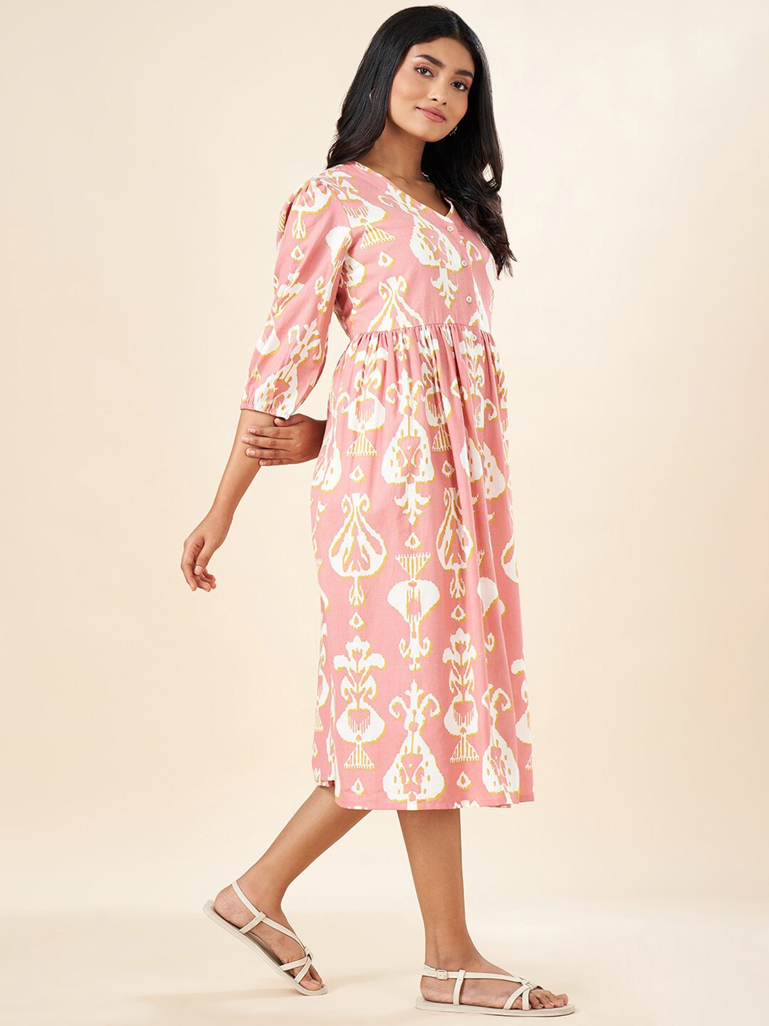 

AKKRITI BY PANTALOONS Ethnic Motifs Printed Gathered Detail Cotton Fit & Flare Midi Dress, Peach