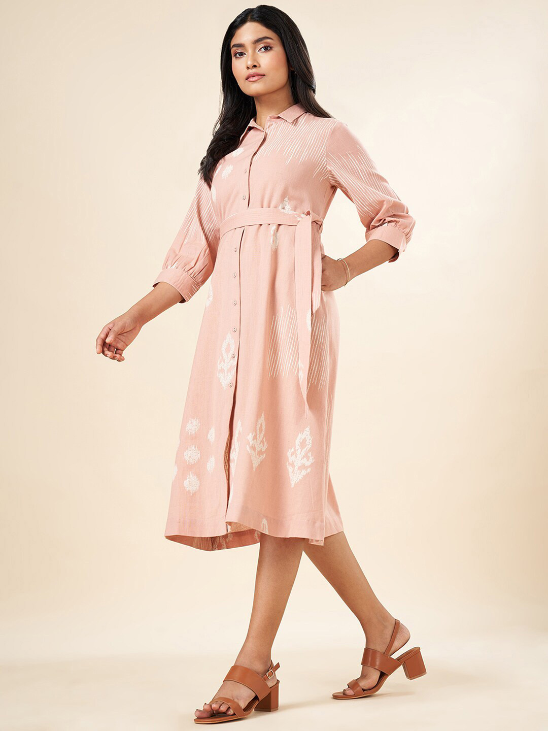 

AKKRITI BY PANTALOONS Abstract Printed Belted Shirt Midi Dress, Pink