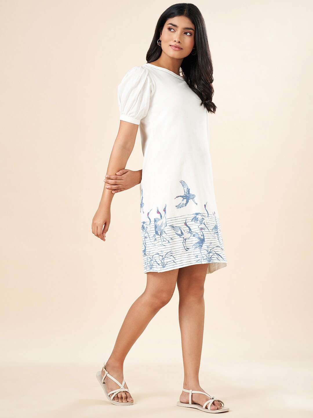 

AKKRITI BY PANTALOONS Conversational Printed Puff Sleeves Cotton A-Line Dress, Off white