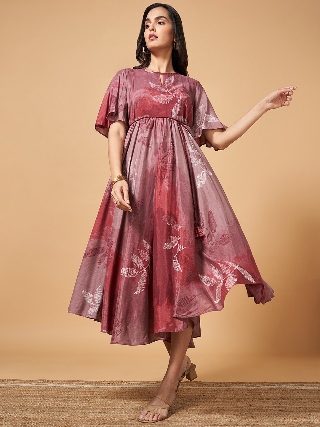 

Marigold Lane Floral Printed Flared Sleeve Silk Fit and Flare Midi Dress, Red