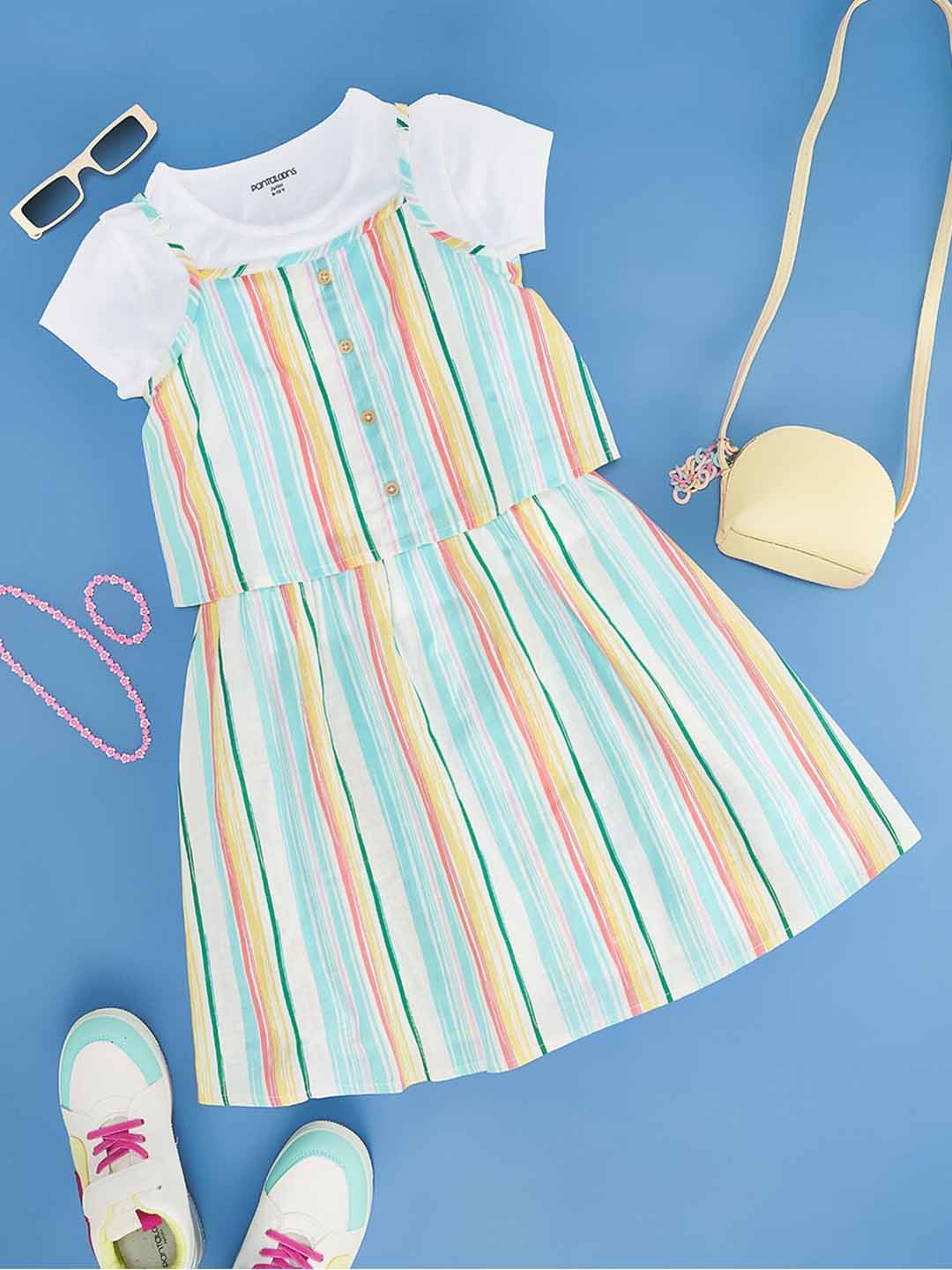 

Pantaloons Junior Girls Striped A-Line Dress With T shirt, Blue