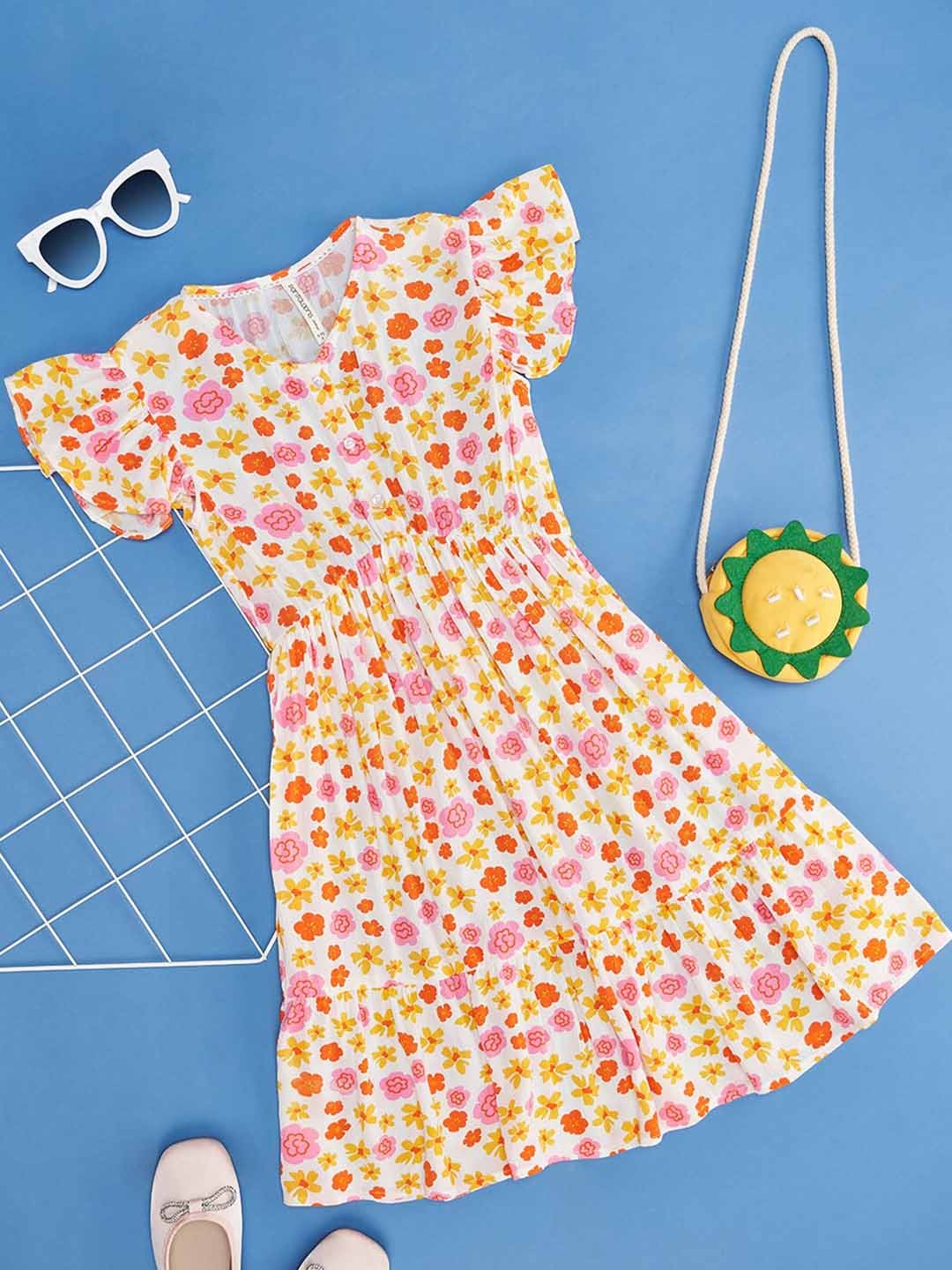 Pantaloons Junior Girls Floral Print Flutter Sleeve Fit & Flare Dress, Off white