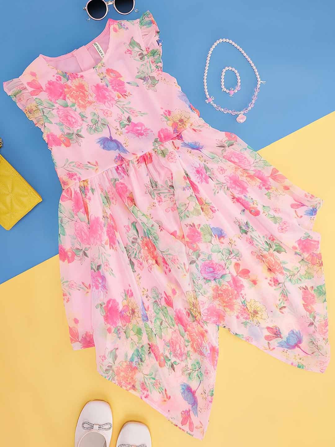 

Pantaloons Junior Girls Floral Print Flutter Sleeve Fit & Flare Dress, Pink