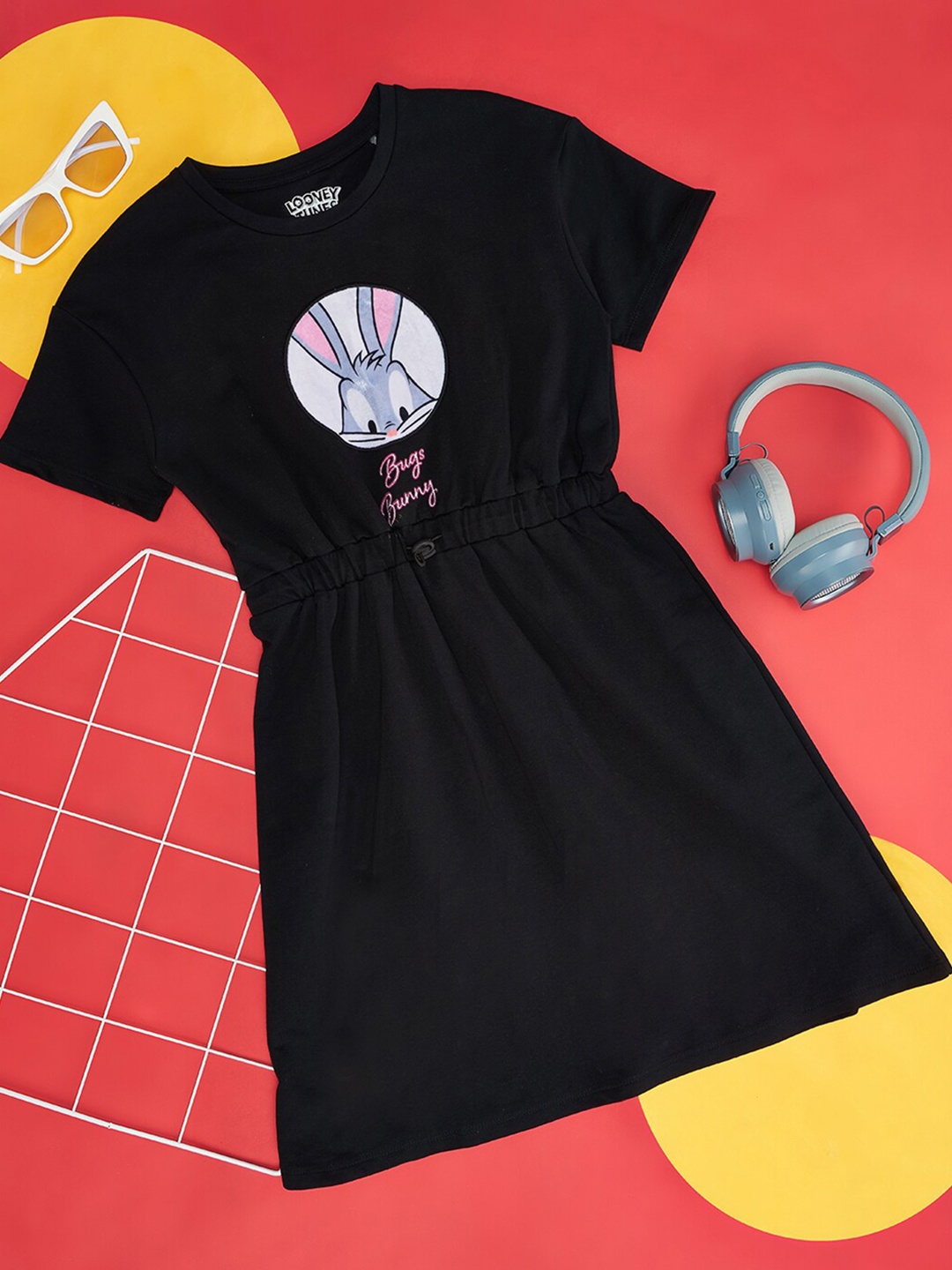 

Pantaloons Junior Printed Round Neck Short Sleeves Fit & Flare Cotton Dress, Black