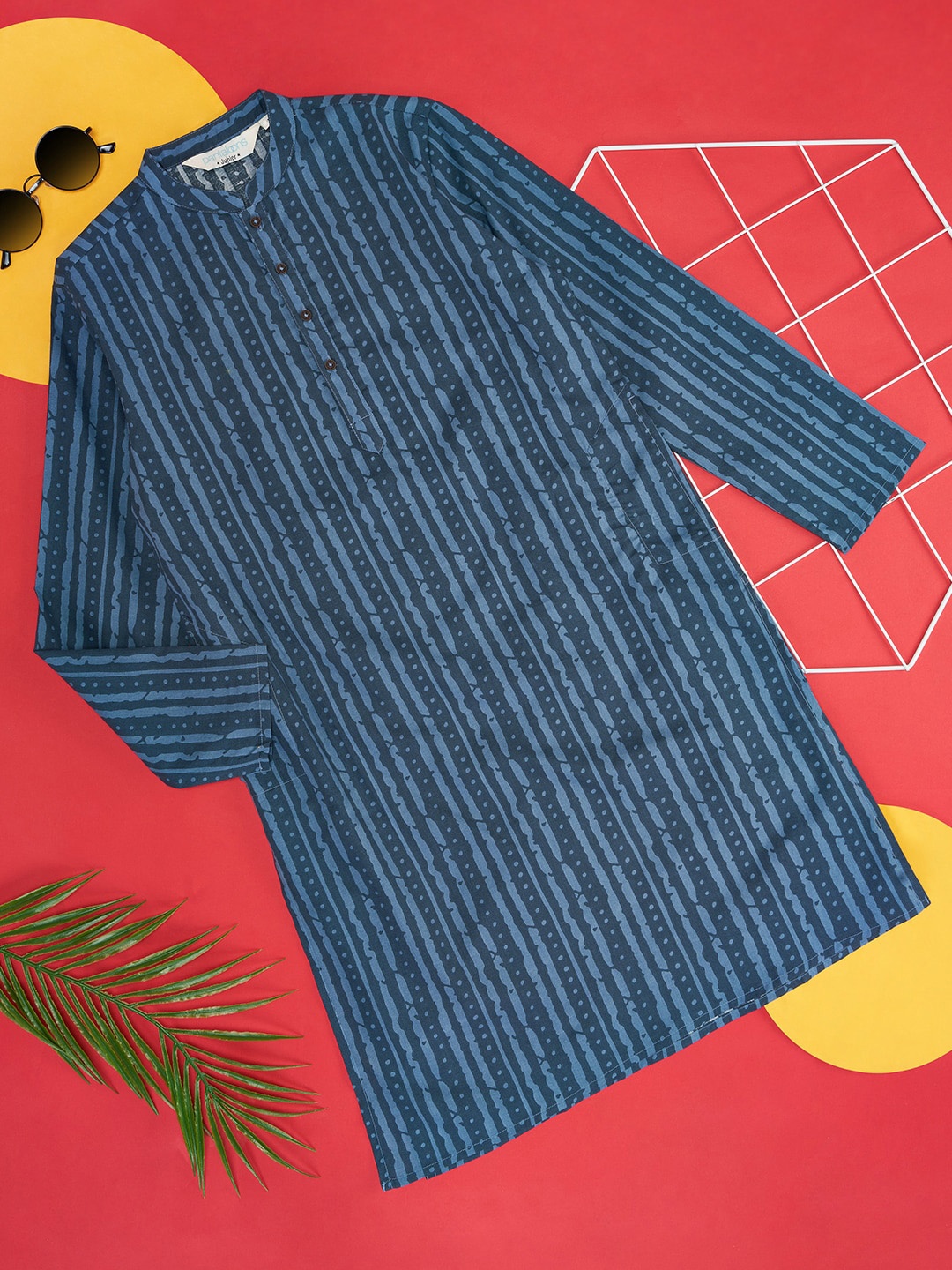 

indus route by Pantaloons Boys Striped Mandarin Collar Pure Cotton Kurta, Navy blue
