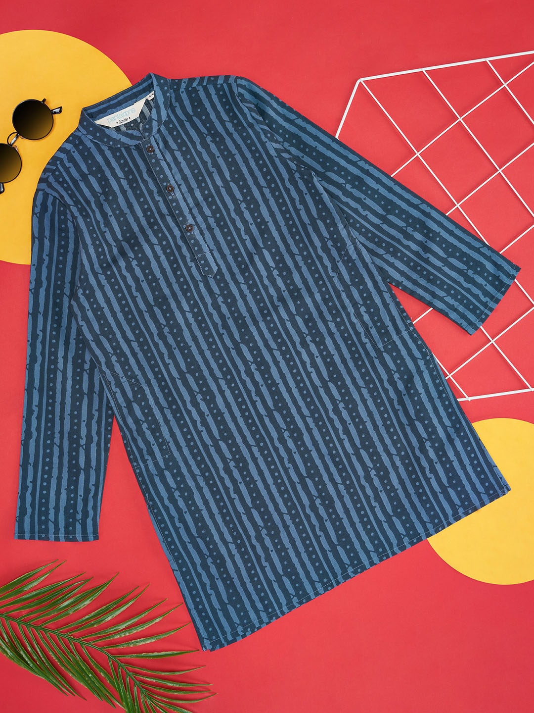 

indus route by Pantaloons Boys Striped Mandarin Collar Pure Cotton Kurta, Navy blue