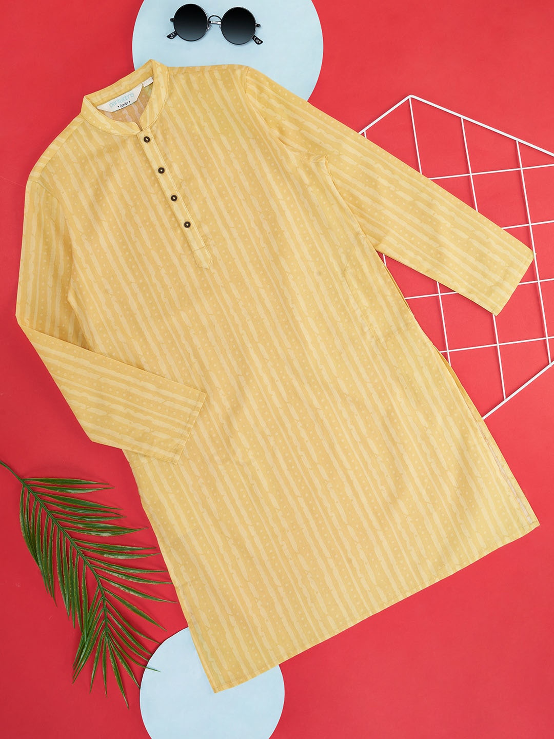 

indus route by Pantaloons Boys Striped Mandarin Collar Pure Cotton Kurta, Mustard