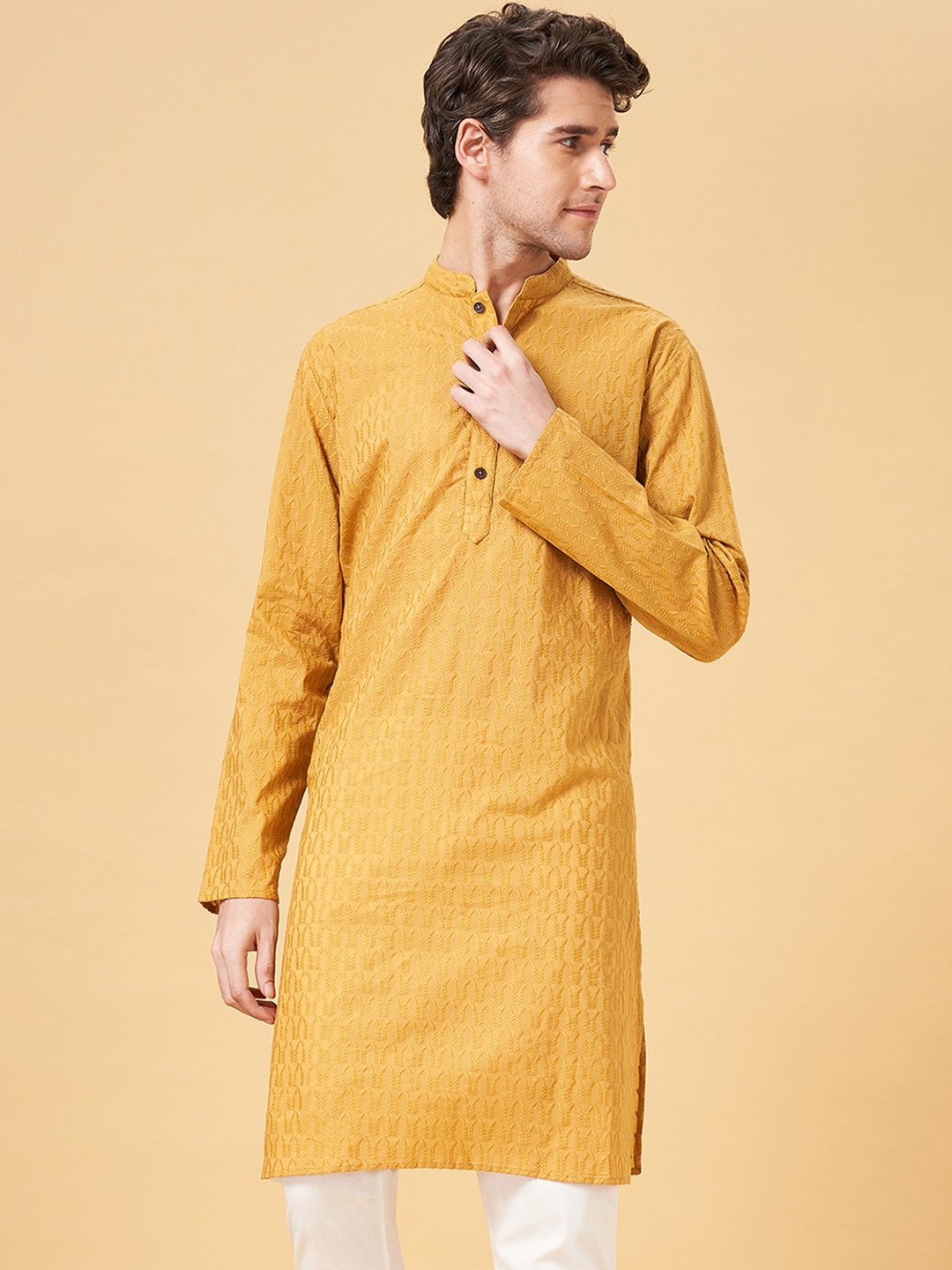 

indus route by Pantaloons Men Ethnic Motifs Embroidered Mandarin Collar Kurta, Mustard