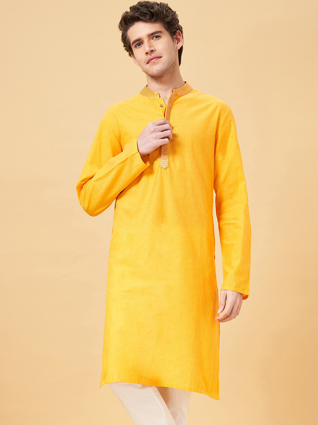 

YU by Pantaloons Mandarin Collar Long Sleeves Thread Work Cotton Kurta, Yellow