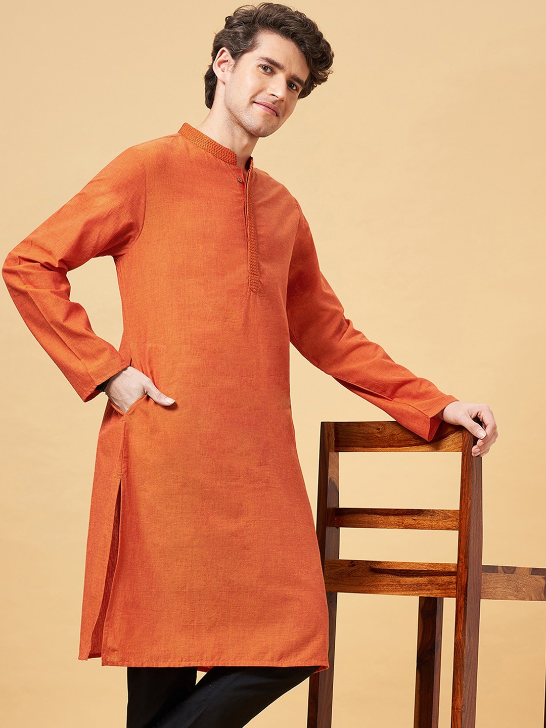 

YU by Pantaloons Mandarin Collar Long Sleeves Thread Work Cotton Kurta, Orange