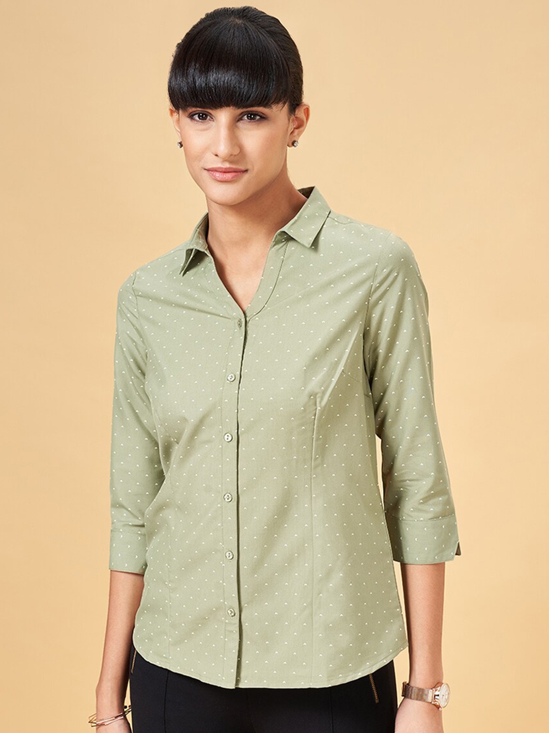 

Annabelle by Pantaloons Spread Collar Printed Formal Shirt, Olive