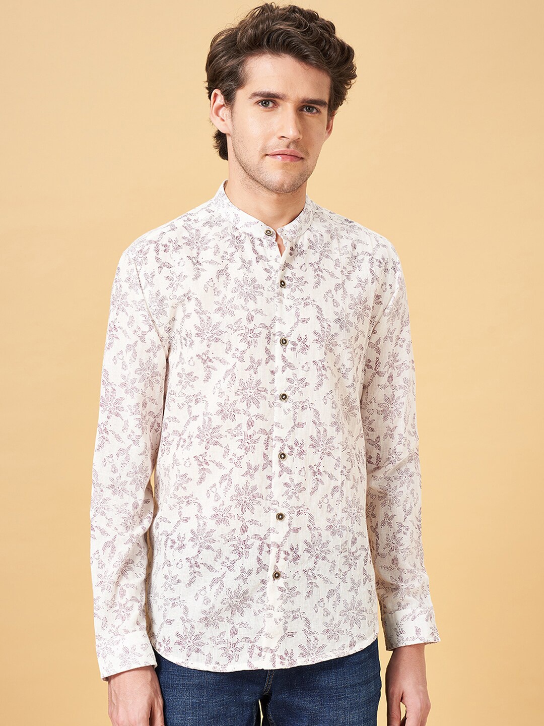 

indus route by Pantaloons Floral Printed Mandarin Collar Long Sleeves Cotton Casual Shirt, Off white