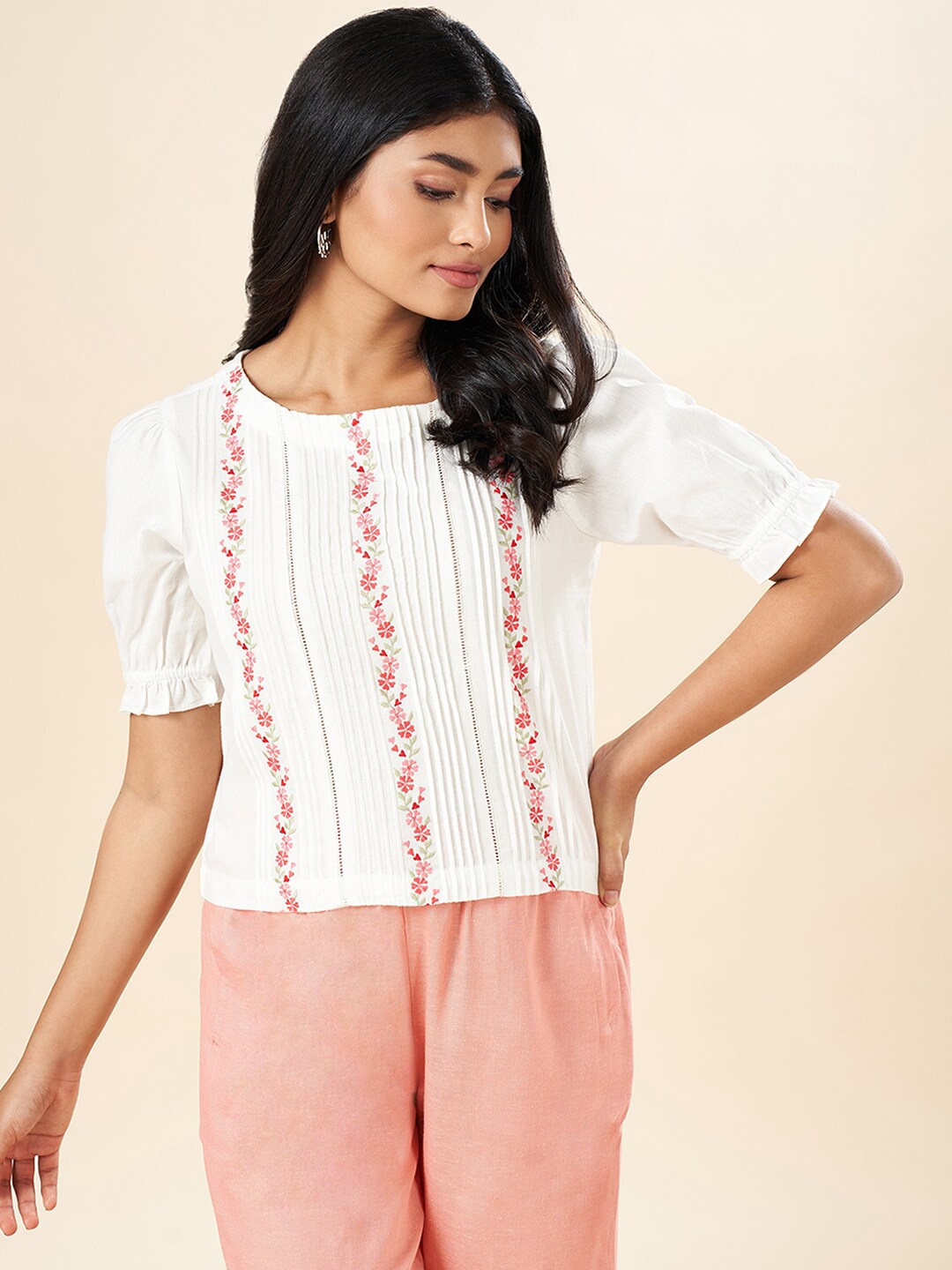 

AKKRITI BY PANTALOONS Floral Embroidered Puff Sleeve Cotton Top, Off white