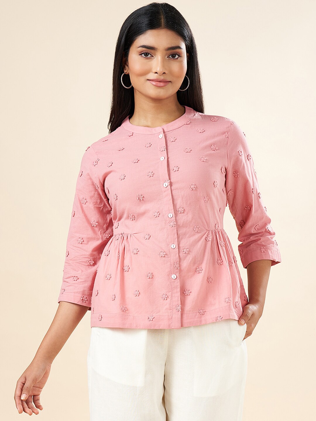 

AKKRITI BY PANTALOONS Floral Applique Mandarin Collar Cotton A Line Top, Peach