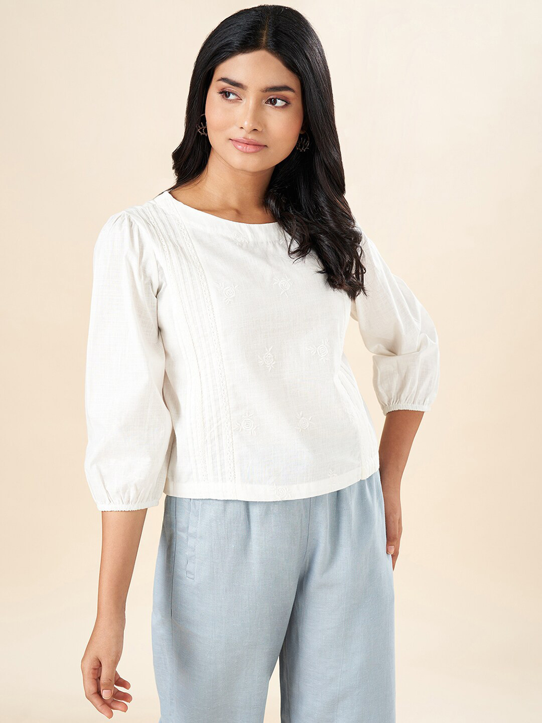

AKKRITI BY PANTALOONS Floral Embroidered Lace Inserts Puff Sleeve Cotton Top, Off white