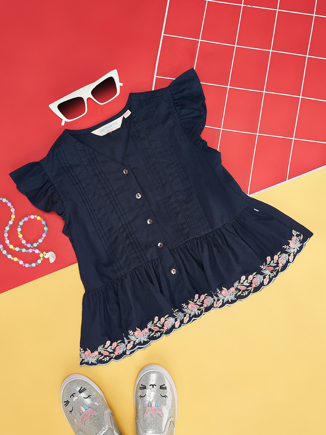 

AKKRITI BY PANTALOONS Girls Floral Embroidered Lace Inserts Flutter Sleeves A-Line Top, Navy blue