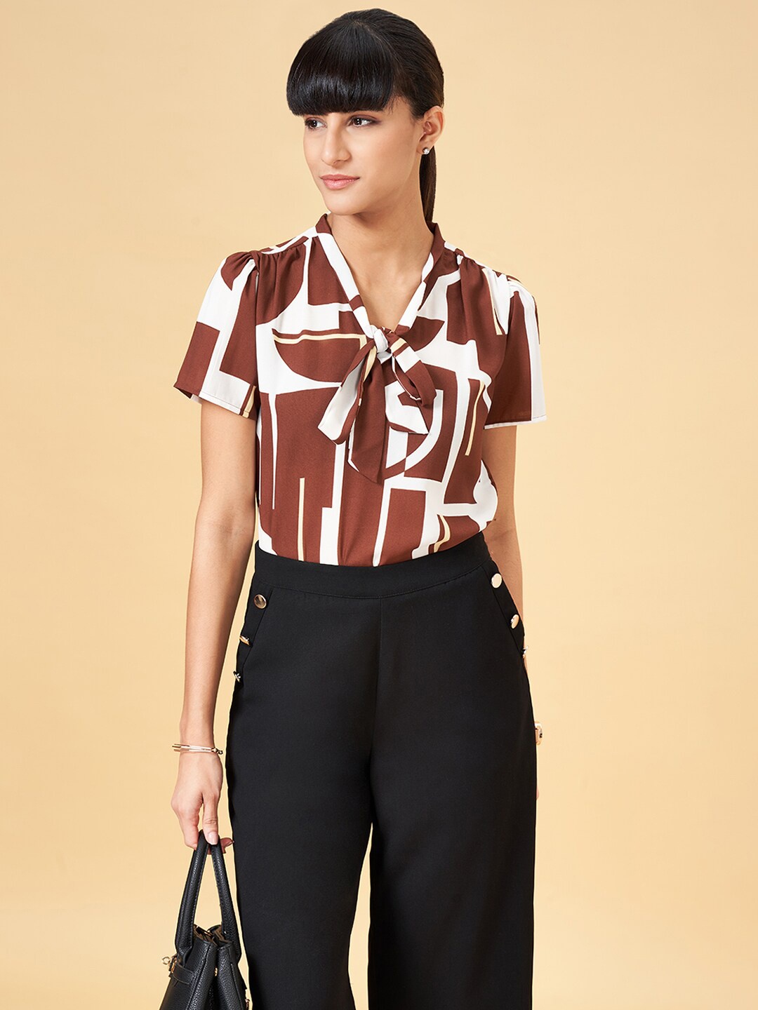 

Annabelle by Pantaloons Geometric Printed Tie-Up Neck Formal Top, Brown