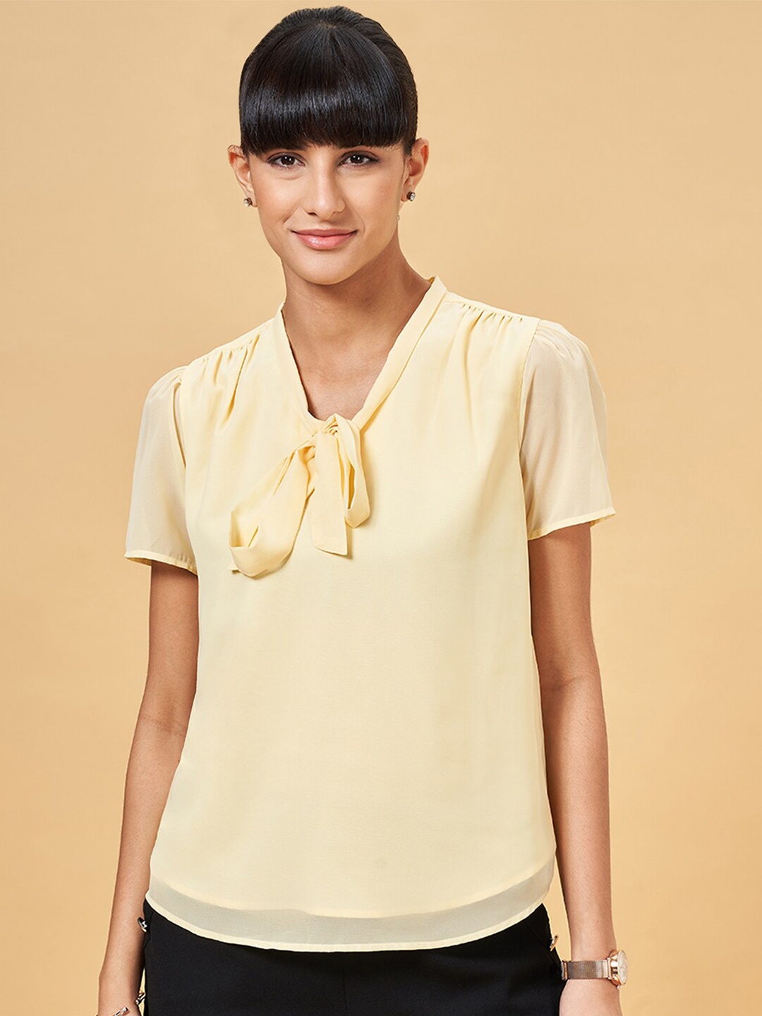 

Annabelle by Pantaloons Tie-Up Neck Puff Sleeves Formal Top, Yellow