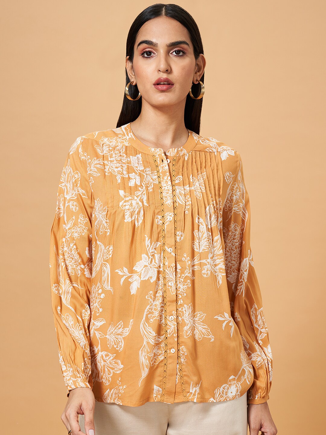 

Marigold Lane Floral Printed Mandarin Collar Cuffed Sleeves Shirt Style Top, Yellow