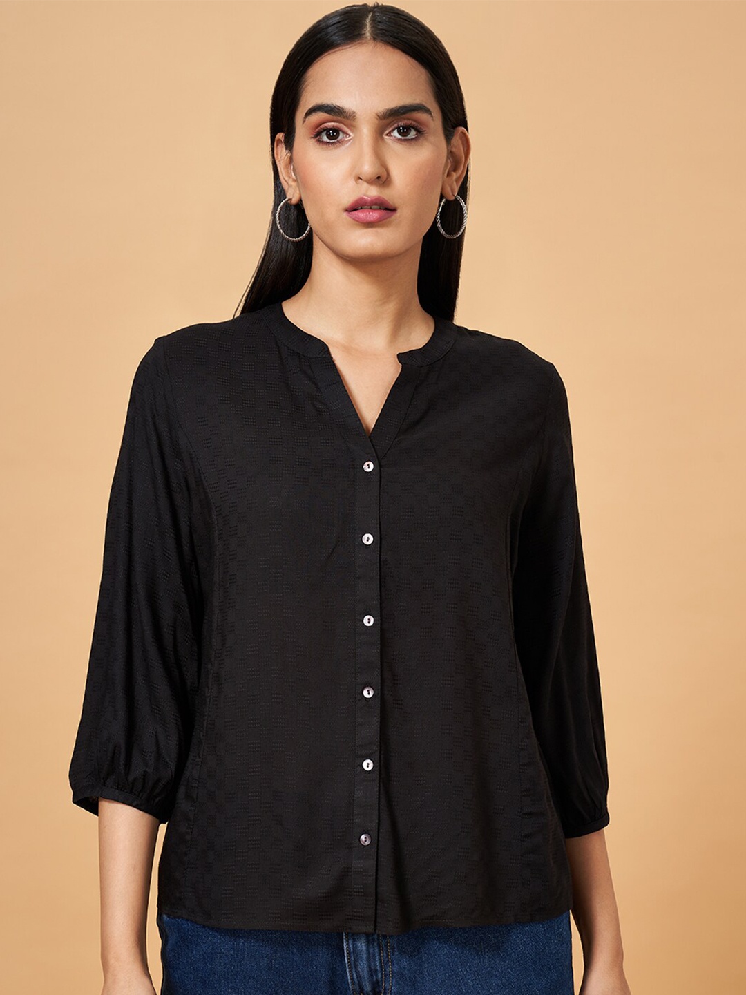 

Marigold Lane Self Design Mandarin Collar Puffed Sleeves Shirt Style Top, Black