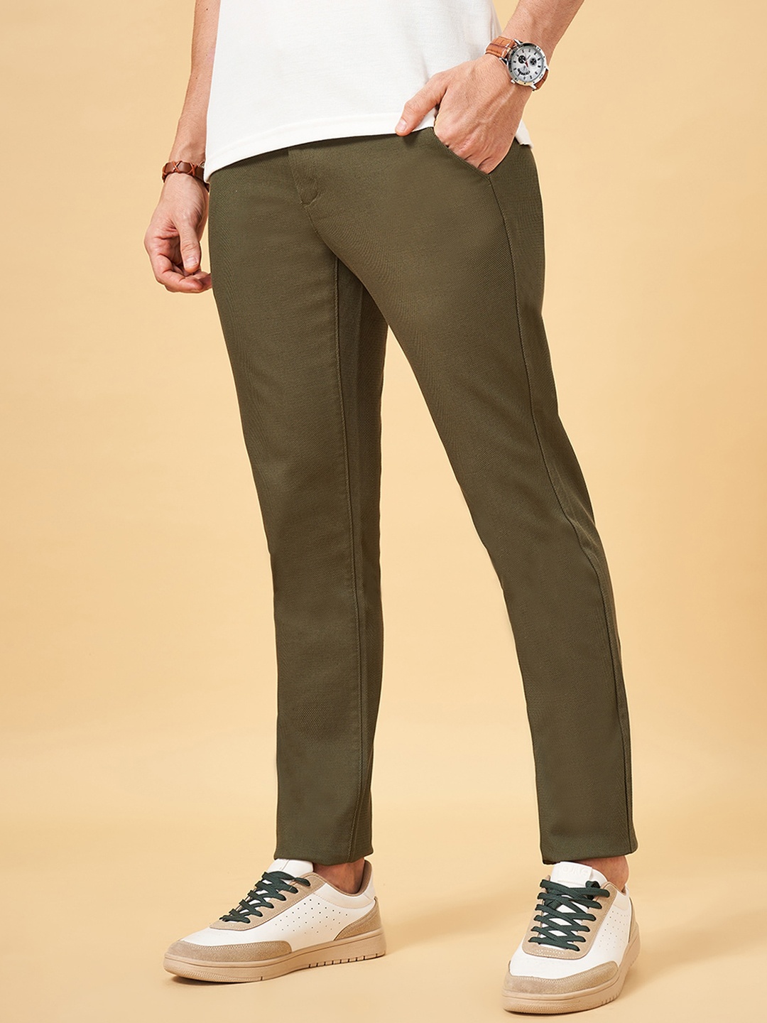 

BYFORD by Pantaloons Men Slim Fit Cotton Trousers, Olive