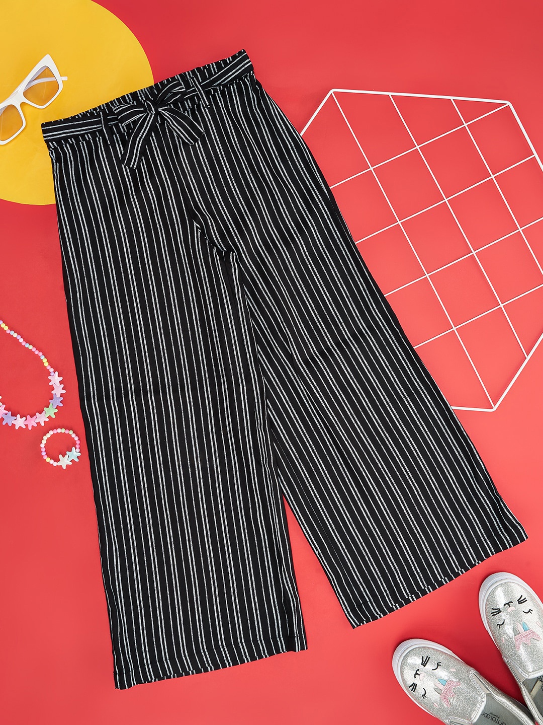 

Pantaloons Junior Girls Striped Parallel Trousers, Black