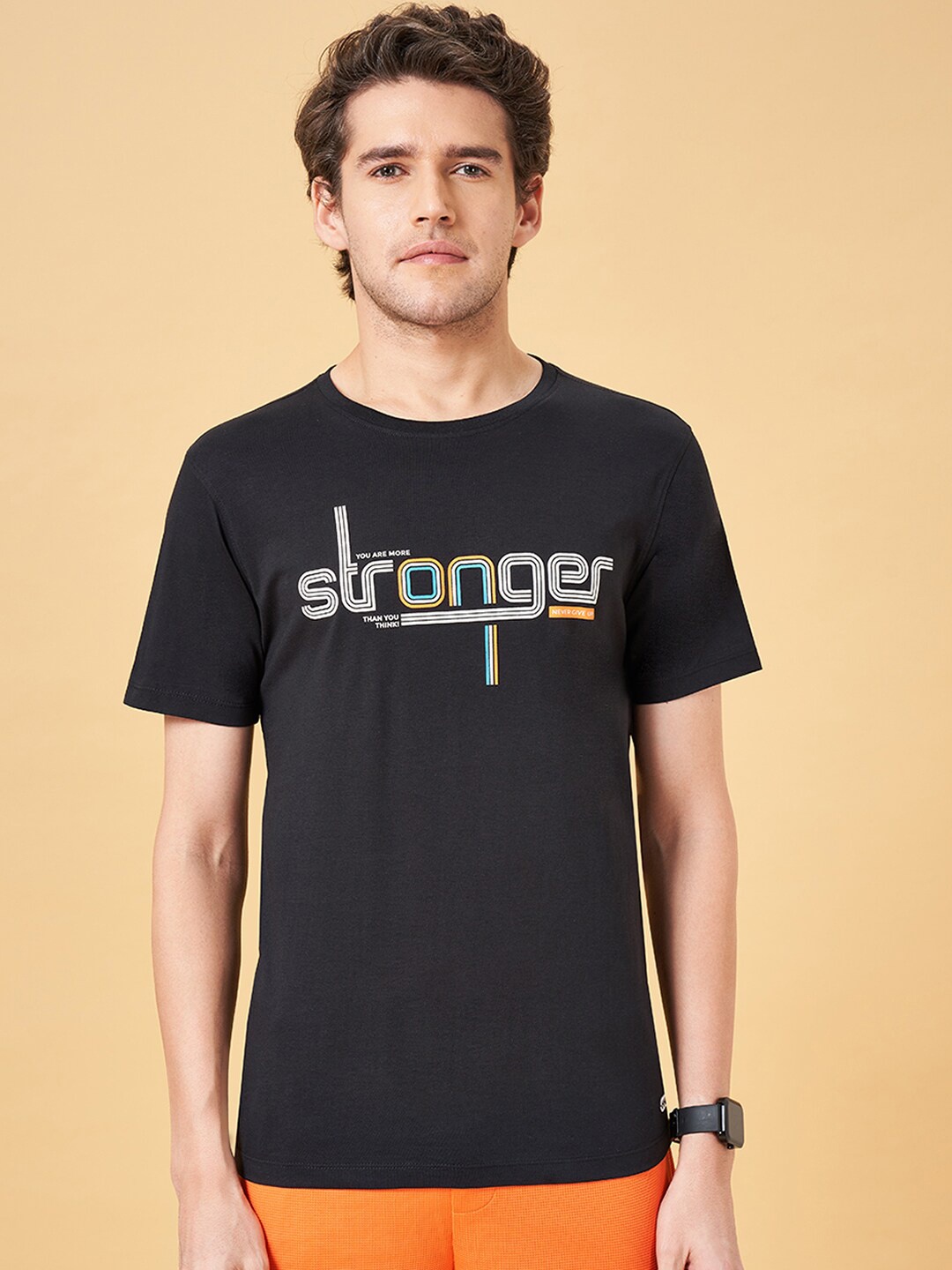 

Ajile by Pantaloons Typography Printed Round Neck Applique Slim Fit T-shirt, Black