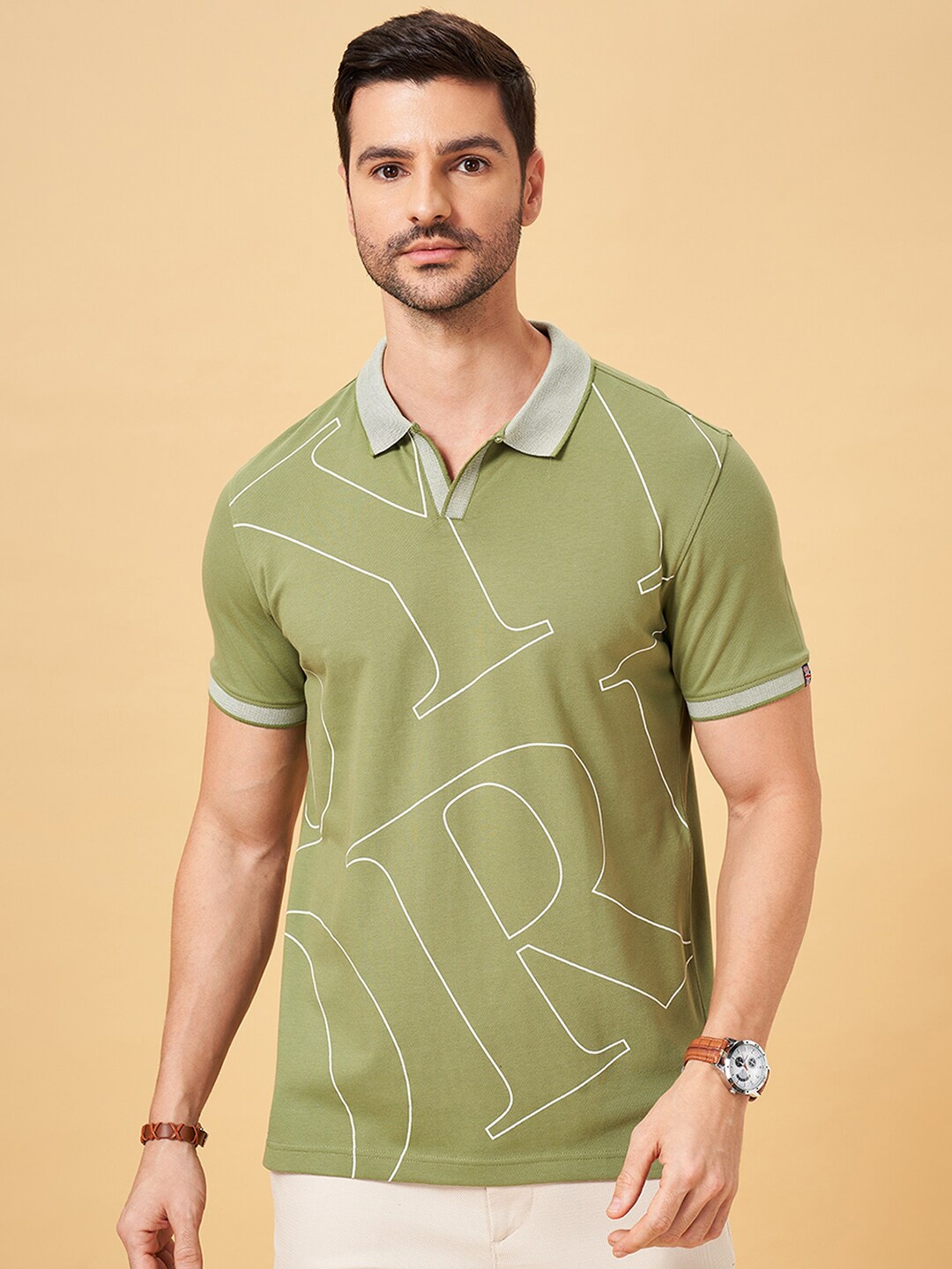 

BYFORD by Pantaloons Typography Printed Cotton Polo Collar Pockets Slim Fit T-shirt, Green
