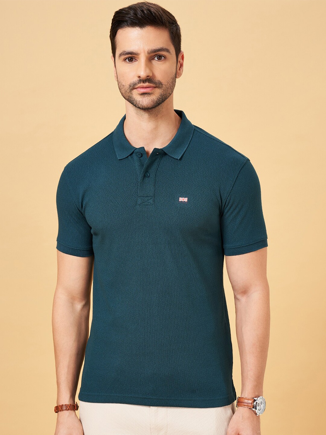 

BYFORD by Pantaloons Cotton Polo Collar Short Sleeves Slim Fit Casual T-shirt, Teal