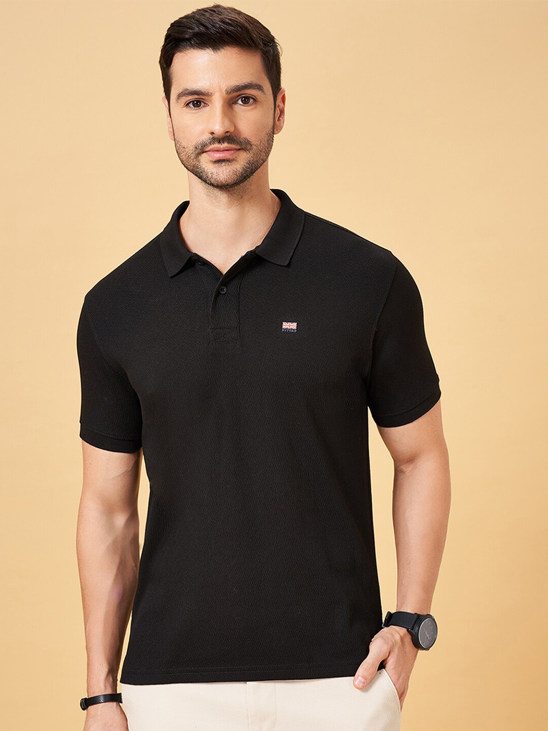 

BYFORD by Pantaloons Cotton Polo Collar Short Sleeves Slim Fit T-shirt, Black