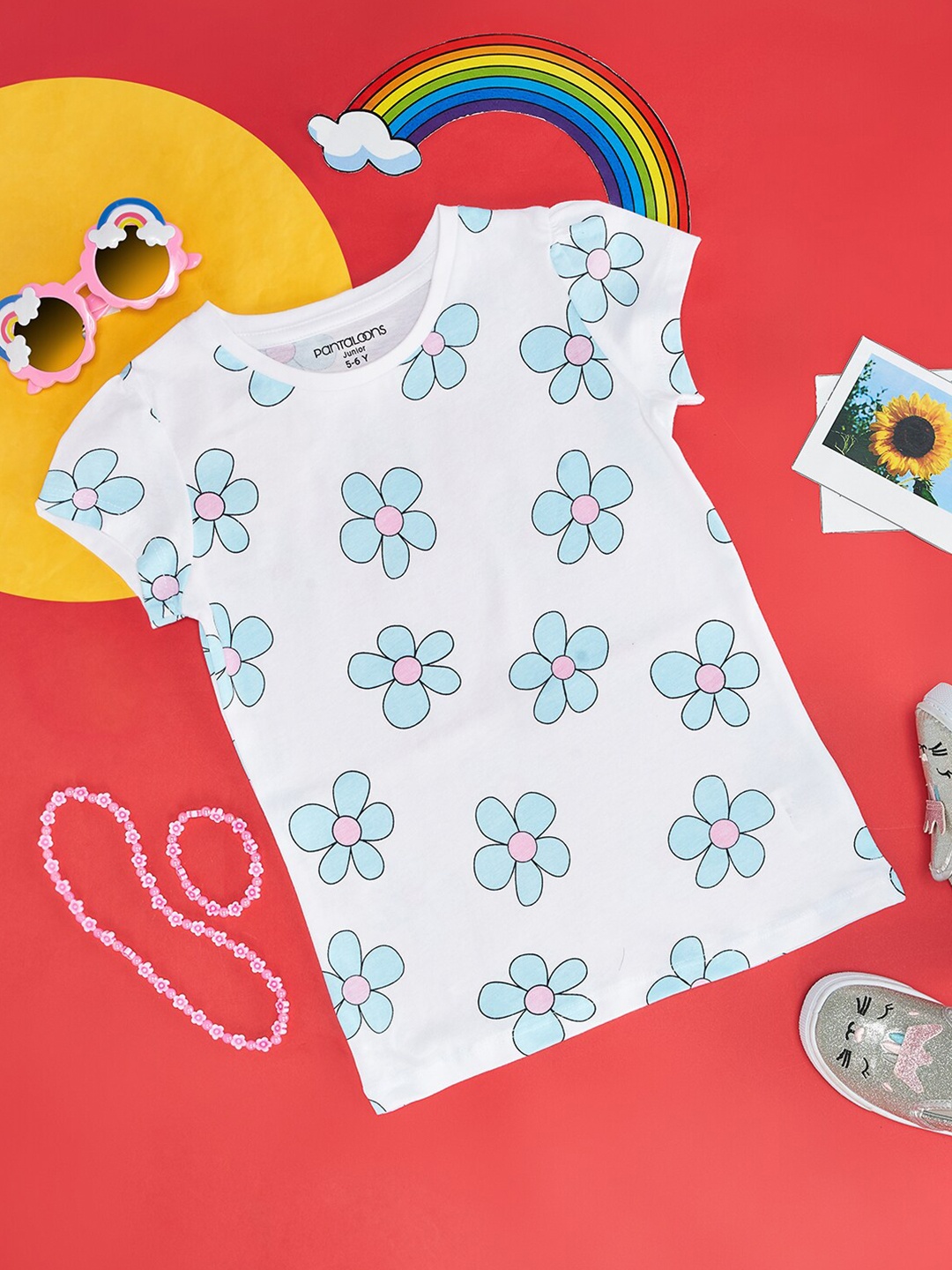 

Pantaloons Junior Girls Floral Printed Round Neck Cotton Casual T-shirt, White