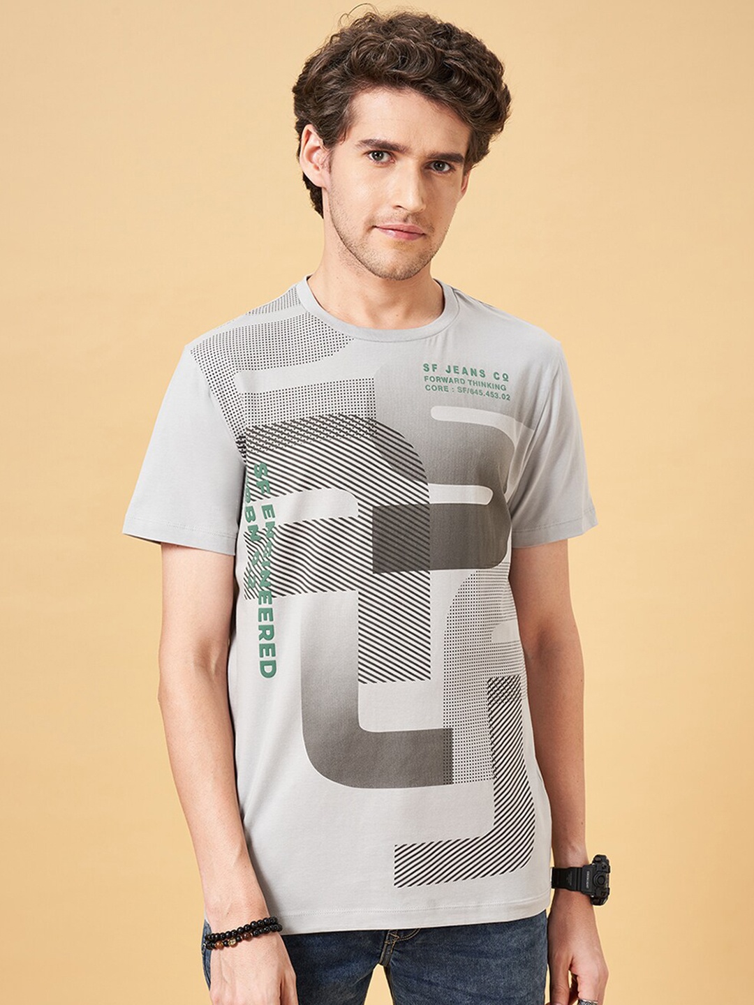 

SF JEANS by Pantaloons Printed Pockets Slim Fit T-shirt, Grey