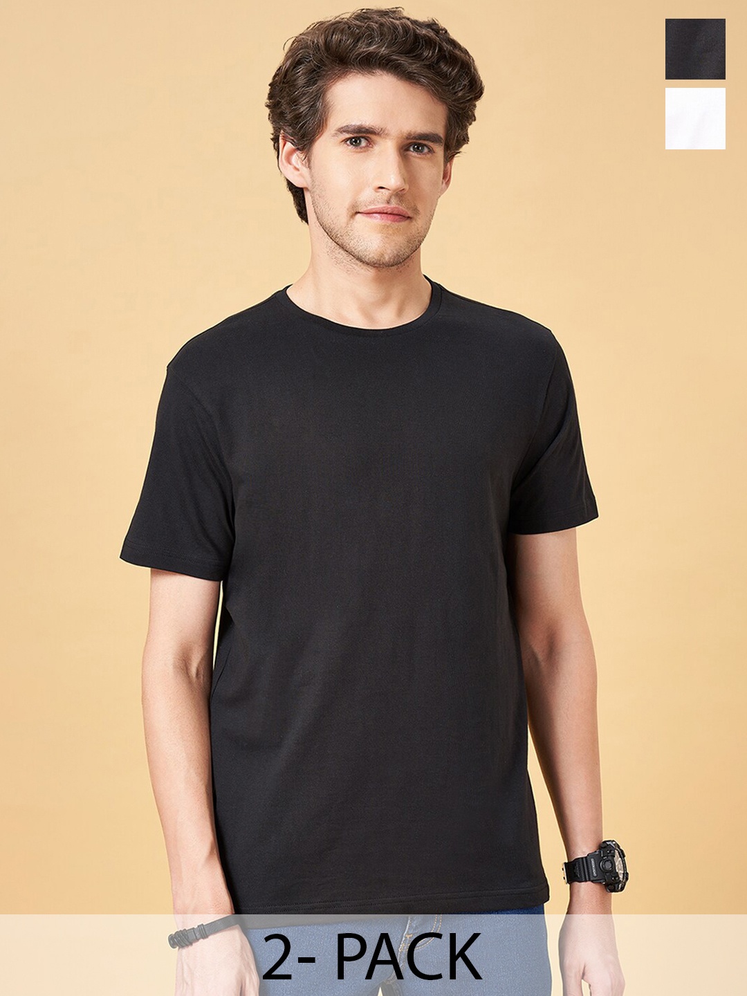

YU by Pantaloons Pack Of 2 Regular Fit Cotton Casual T-shirts, Black