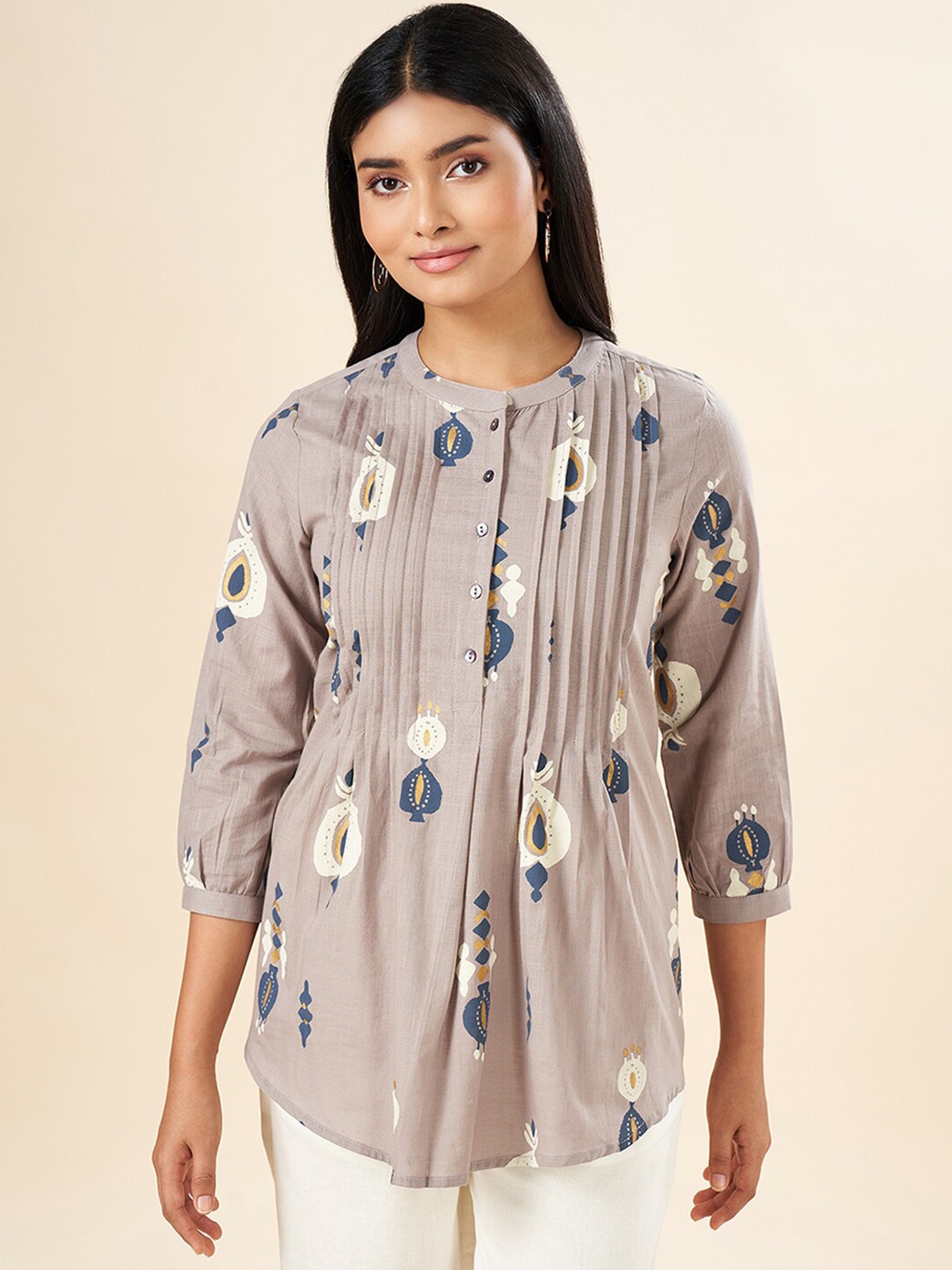 

AKKRITI BY PANTALOONS Printed Pure Cotton Tunics, Beige