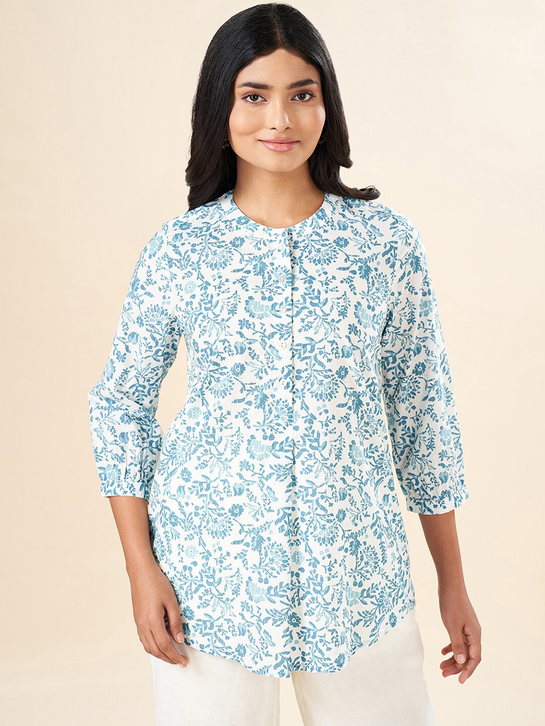 

AKKRITI BY PANTALOONS Floral Printed Pure Cotton Tunics, Teal