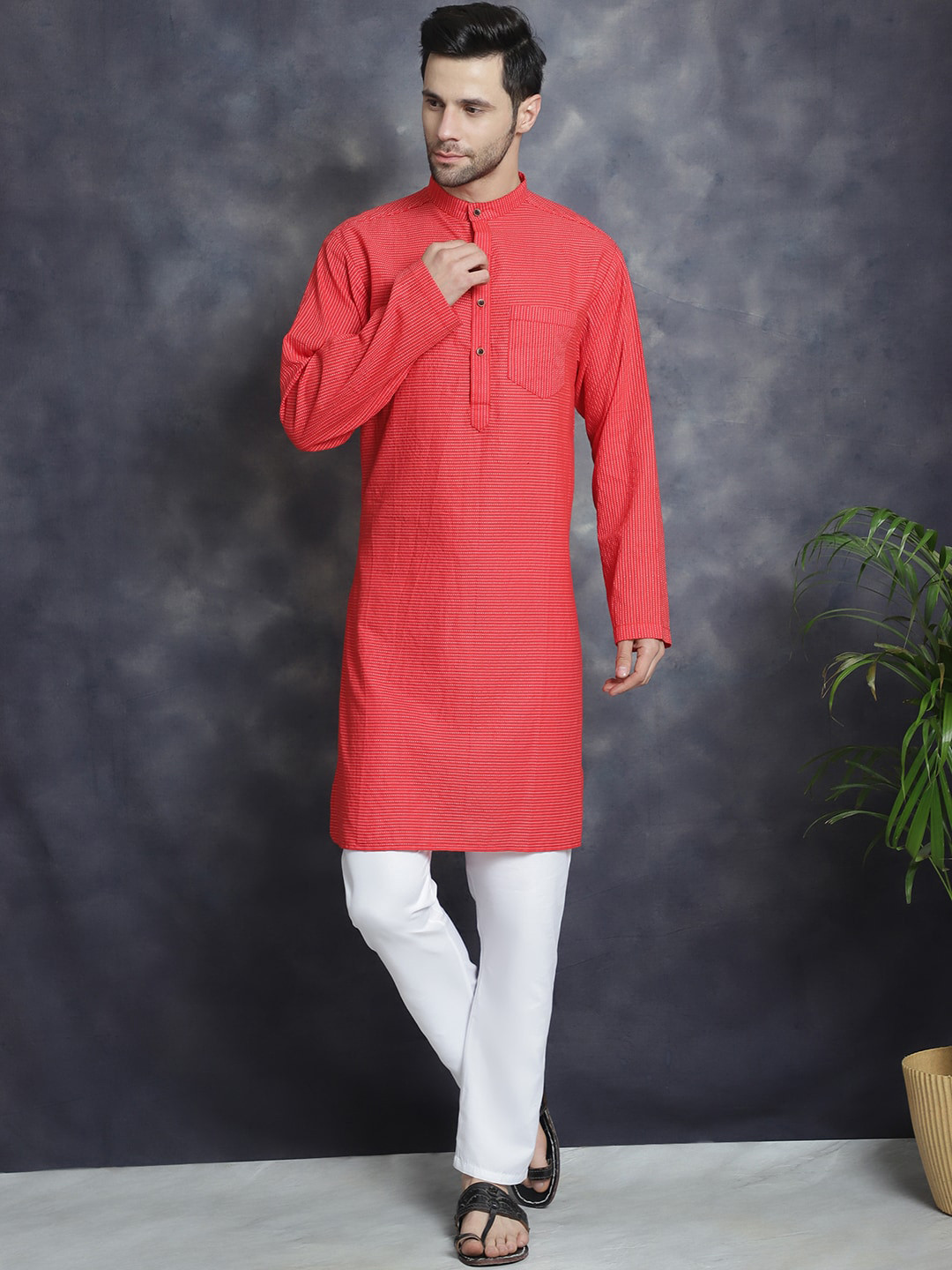 

Sayesha Band Collar Long Sleeves Thread Work Cotton Kurta, Red